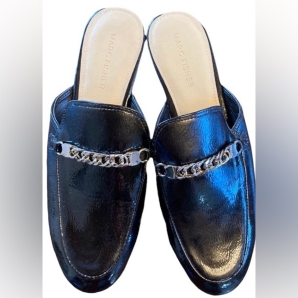 Marc Fisher Women Black Patent Leather Chain Link Mules Loafers 7.5M